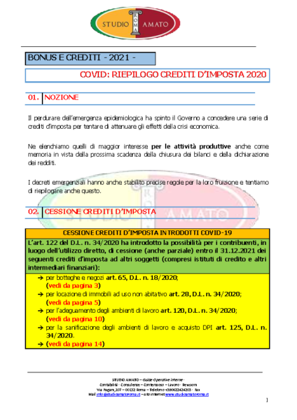 COVID Riepilogo crediti d’imposta 2020 2021